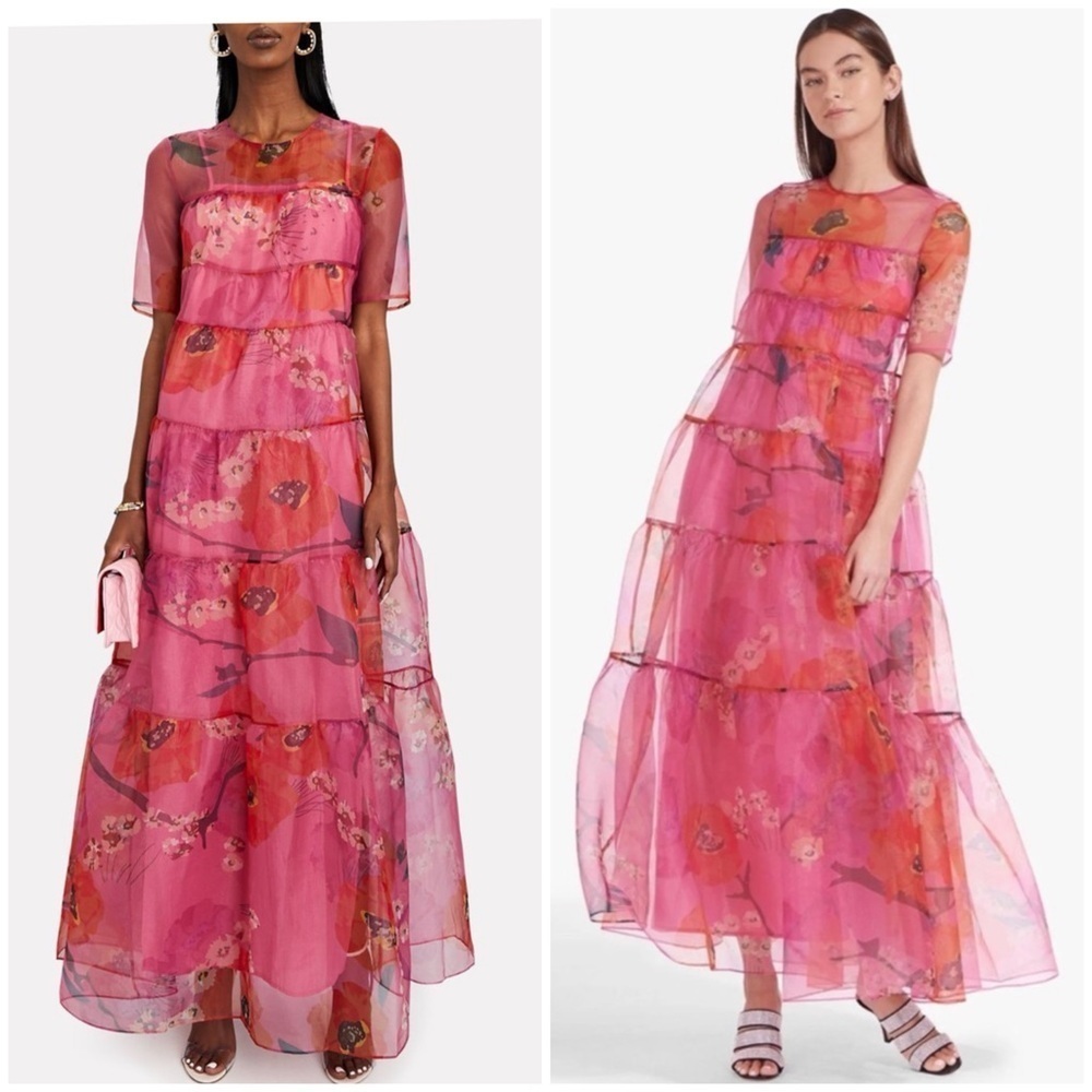 STAUD Hyacinth Tiered Floral Organza Pink Dress SZ S